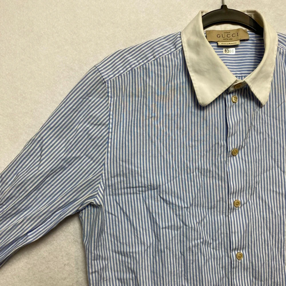 GUCCI Uniform Shirt Mens 16 Blue Long Sleeve White Collar Button Down Stripe